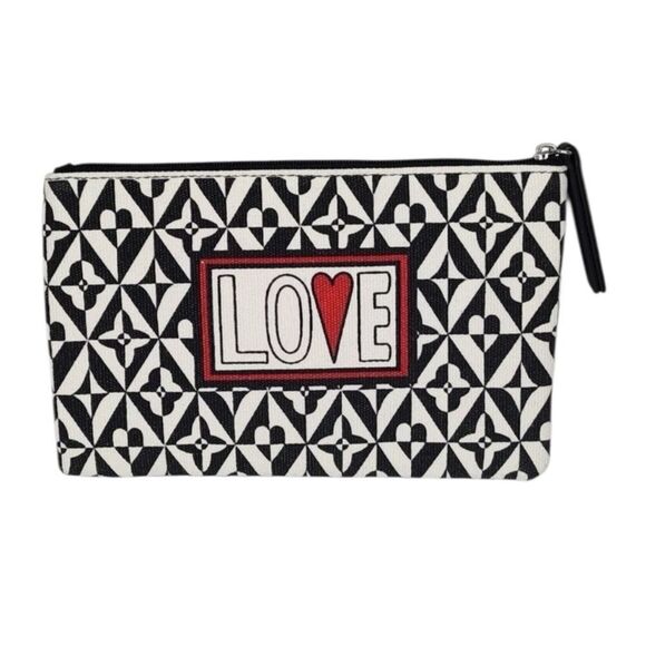 Brighton LOVE Black And White Canvas Makeup Up Bag Clutch Valentine's Day NWOT - Picture 7 of 12